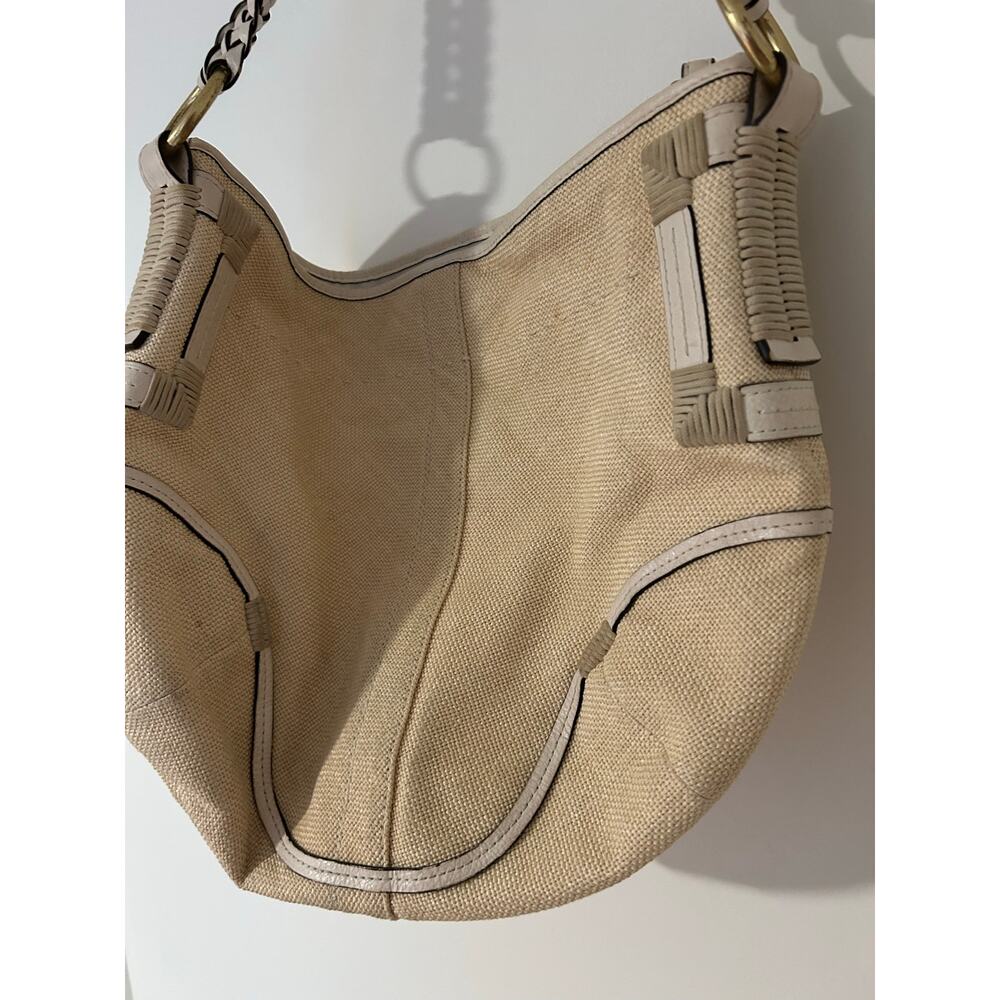 Coach VTG Tan Natural Braided Leather Soho Canvas Beige GUC Buckles Gold Purse - Picture 8 of 15